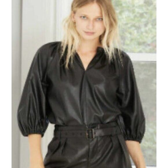 Who What Wear Faux Leather Black Balloon Sleeve Top Women's Size X-Small XS - Picture 3 of 9
